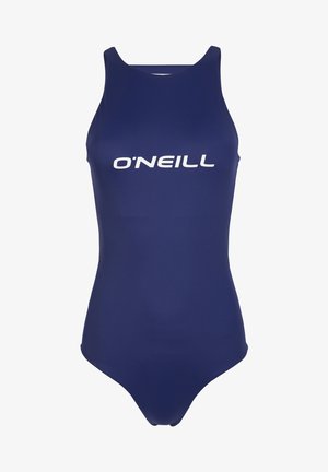 Maillot de bain une pièce bleu marine avec un col haut et le logo blanc "O'NEILL" imprimé sur le devant. Fabriqué en tissu lisse et extensible.