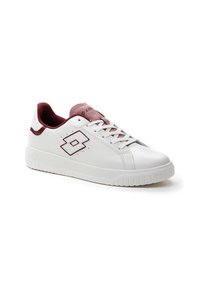White leather sneaker with maroon accents, featuring a round toe, textured sole, and logo detail. Laces secure the upper for fit.