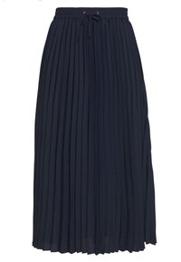 Gonna a pieghe blu navy con vita elastica e laccio regolabile. Tessuto leggero con pieghe verticali e design fluido.