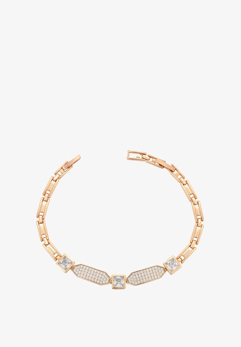 Collana in oro rosa con design a catena allungata, tre accenti quadrati con zirconia cubica e inserti rettangolari testurizzati.