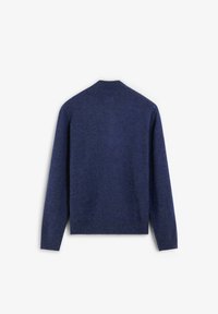 Dark blue knit sweater with a round neckline, long sleeves, and a soft texture. Features a simple, seamless back design.