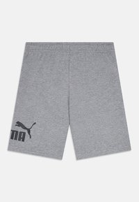Calções de desporto cinzentos feitos de um tecido texturizado, com um logótipo preto e um design de pantera na perna esquerda. Corte clássico reto.