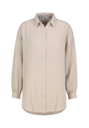 Beige langärmeliges Hemd mit Knopfleiste, strukturiertem Punktmuster, spitzem Kragen und gerafften Manschetten, Größe S/M ausgezeichnet.