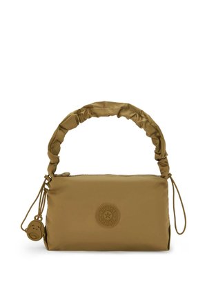 Bolso compacto rectangular de cuero marrón con asa fruncida, cierre de cremallera y parche de logo circular en el centro, con un pequeño tirador de cremallera en forma de mono.