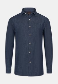 Heren blouse met lange mouwen in donkerdenim. Beschikt over een kraag, een borstzak, standaard knopen en een licht gestructureerd oppervlak.