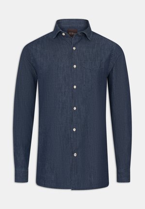 Camicia a maniche lunghe da uomo in denim scuro. Caratterizzata da colletto, tasca frontale, bottoni standard e superficie leggermente testurizzata.