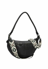 Borsa a forma di mezzaluna in pelle nera con una lunga maniglia intrecciata e una tracolla staccabile in tessuto con motivo.