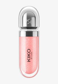 Tube à bouchon argenté brillant de brillant à lèvres pailleté rose KIKO Milano avec contenant transparent dévoilant le produit scintillant à l'intérieur.