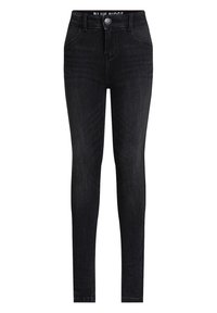 Černé skinny džíny vyrobené z denimu, s knoflíkovým zapínáním a pěti kapsami. Hladká textura s minimálním blednutím a bez ozdob.