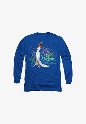 Langärmliges blaues Hemd mit einem Cartoon-Charakter in einem weißen Kleid, versehen mit dem Text "Lebe Deine Leidenschaft" in bunten Buchstaben und musikalischen Noten.