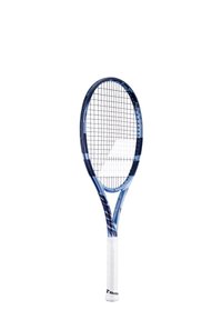 Tennisketsjer med en blå og hvid ramme, åben snoremønster, struktureret greb og branding på håndtaget.