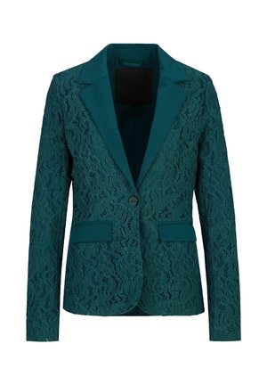 Turkooise kanten blazer met lange mouwen, notch reverskraag, enkele knoopsluiting en twee voorzakken met klep.