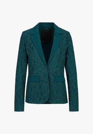 Turkooise kanten blazer met lange mouwen, notch reverskraag, enkele knoopsluiting en twee voorzakken met klep.