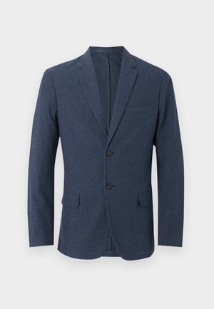 Marineblauer Herrenblazer mit zwei Knöpfen, Kerbkragen, Brusttasche und zwei Klappentaschen vorne.