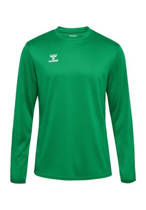 Grøn langærmet sportstrøje lavet af glat, åndbart stof. Har en rund halsudskæring og et lille hvidt logo på brystet.
