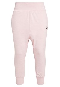 Roze katoenen joggerbroek met een brede elastische tailleband, taps toelopende enkelboorden en een klein zwart logo op de heup. Zachte, lichtgewicht stof.