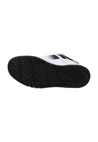 Black rubber shoe sole with a textured grip pattern, featuring white and gray accents on the upper part. Side vents and sleek design.