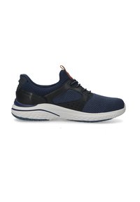 Marineblauer Sportschuh mit atmungsaktivem Mesh, schwarzen Seiteneinsätzen, weißer strukturierter Sohle und Schnürverschluss vor weißem Hintergrund.