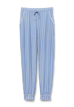 Lichtblauwe gestreepte broek met een elastische tailleband, trekkoord en zijzakken. De boorden hebben een witte randafwerking. Zachte stoftextuur.