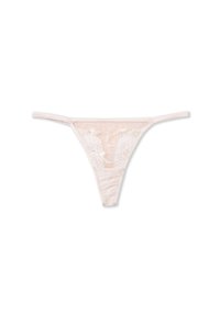 Perizoma beige con pizzo, dotato di spalline sottili, motivo floreale trasparente e finitura in raso morbido. Presenta un design senza cuciture per il massimo comfort.
