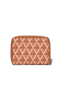 Portefeuille en textile orange présentant un motif triangulaire beige, avec une fermeture éclair marron tout autour et des éléments de fermeture en métal argenté.