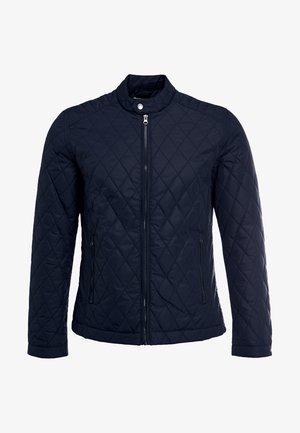 Navy quilted jacket featuring a stand-up collar, full front zip, and two side pockets. Material has a smooth texture with diamond patterns.