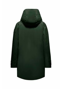 Parka verde scuro con cappuccio, maniche lunghe e taglio dritto. Tessuto liscio con finitura opaca; nessun motivo o decorazione visibile.