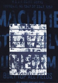 Blue fabric with a textured, large white rectangular print, featuring dark blue text with faded graphics and military-style lettering.