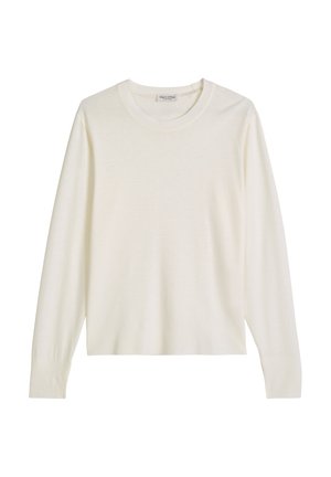 Pull blanc à manches longues avec col rond et poignets côtelés, étalé à plat avec l'étiquette de la marque visible à l'intérieur du col.