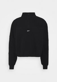 Pull-over en polaire noir avec un col montant et une fermeture éclair sur un quart. Comprend une poche avant et un petit logo blanc sur la poitrine.