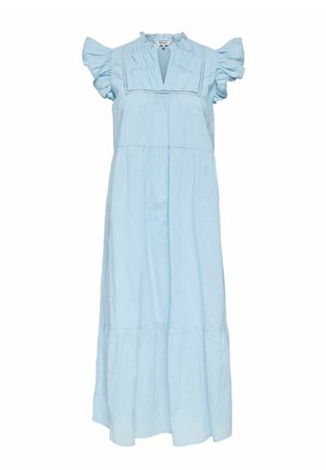 Vestito azzurro chiaro di lunghezza media con maniche corte arricciate, scollatura quadrata con pieghe e dettaglio a balze nella gonna.