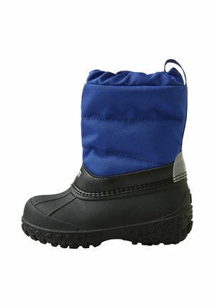 Blaue isolierte Winterstiefel mit einem gepolsterten Schaft, schwarzer Gummisohle, strukturiertem Profil und einem Ziehgriff an der Rückseite für einfaches Anziehen.