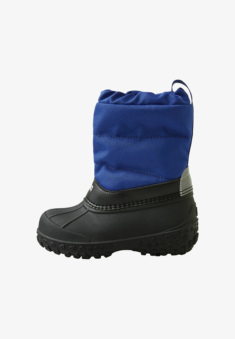 Blaue isolierte Winterstiefel mit einem gepolsterten Schaft, schwarzer Gummisohle, strukturiertem Profil und einem Ziehgriff an der Rückseite für einfaches Anziehen.