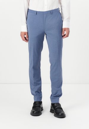 Light blue tailored trousers with a subtle check pattern, flat front, and two side pockets, paired with black shoes.