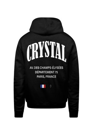Black hoodie featuring "CRYSTAL" in bold white letters on the back, with French address details and a small French flag graphic.