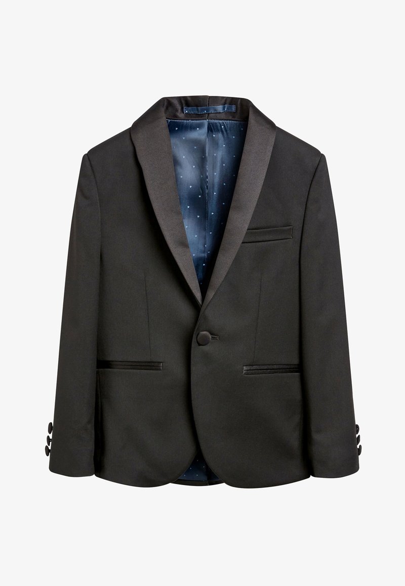 Veste de smoking noire à un bouton avec revers en satin et finitions de poches, doublure intérieure à pois bleu foncé.