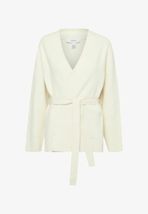Cream-colored wrap cardigan made of soft material, featuring a V-neck, long sleeves, and a tie belt at the waist for adjustable fit.