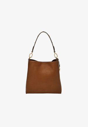 Brown leather handbag with a soft texture and a structured shape. Features a gold hardware accent and a shoulder strap with a contrasting edge.