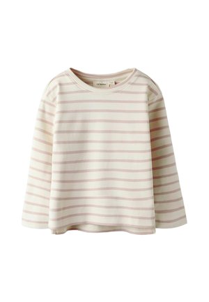 Striped long-sleeve shirt in light pink and cream. Soft cotton material with a round neckline and a relaxed fit. No notable hardware or patterns.