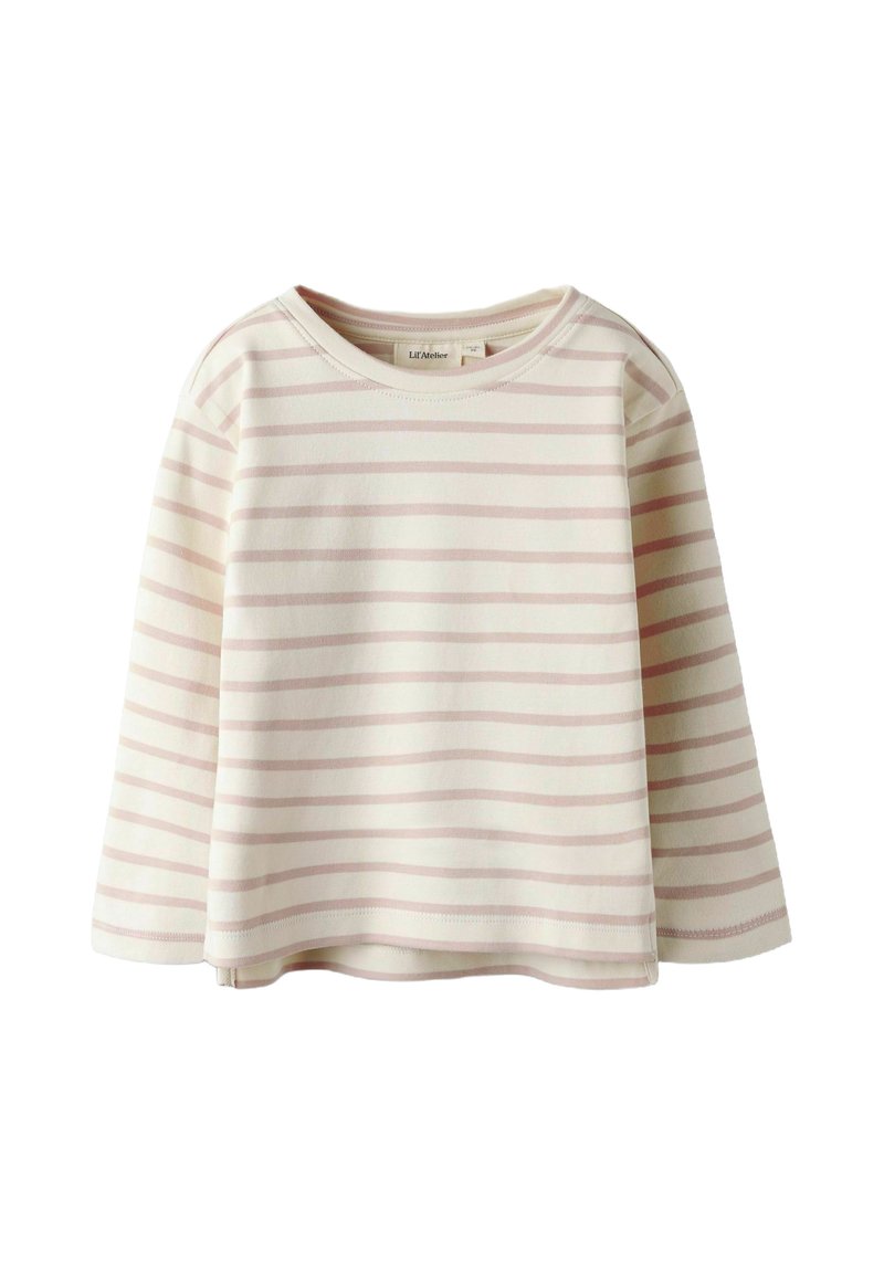Camicia a maniche lunghe a righe in rosa chiaro e crema. Materiale in cotone morbido con scollo rotondo e vestibilità rilassata. Nessun hardware o motivo notevole.