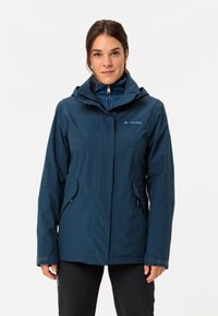 Giacca impermeabile blu con chiusura frontale con zip, cappuccio regolabile e tasche laterali. Fodera interna texture visibile al colletto.