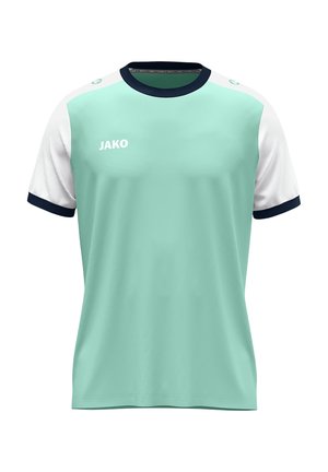 Light green athletic shirt with white sleeves, navy collar, and navy accents. "JAKO" logo on the front. Smooth texture, short sleeves.