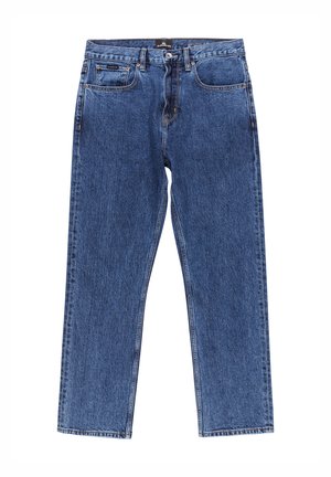 Blå denim jeans med et lige ben design, fem lommer, knaplukning og kontrastsytråd. Har en struktureret, klassisk finish.