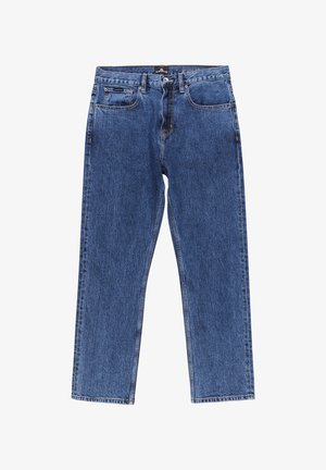 Vaqueros de mezclilla azul con un diseño de pierna recta, cinco bolsillos, cierre de botón y costuras en contraste. Presenta un acabado texturizado y clásico.