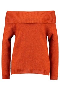 Oranžový svetr s odkrytými rameny, ribbed výstřihem a rukávy. Měkká pletená textura, dlouhé rukávy a přiléhavé tělo. Zaoblený lem.