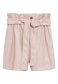 Jasnoróżowe szorty z sztucznej skóry z szerokim stanem, detalami paska i bocznymi kieszeniami. Gładka tekstura, dopasowany krój i zawinięty dół.