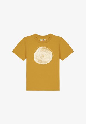 Gelbes Baumwoll-T-Shirt mit einem weißen Baumring-Grafik und Text. Kurze Ärmel, runder Ausschnitt, lässige Passform, glatte Textur.