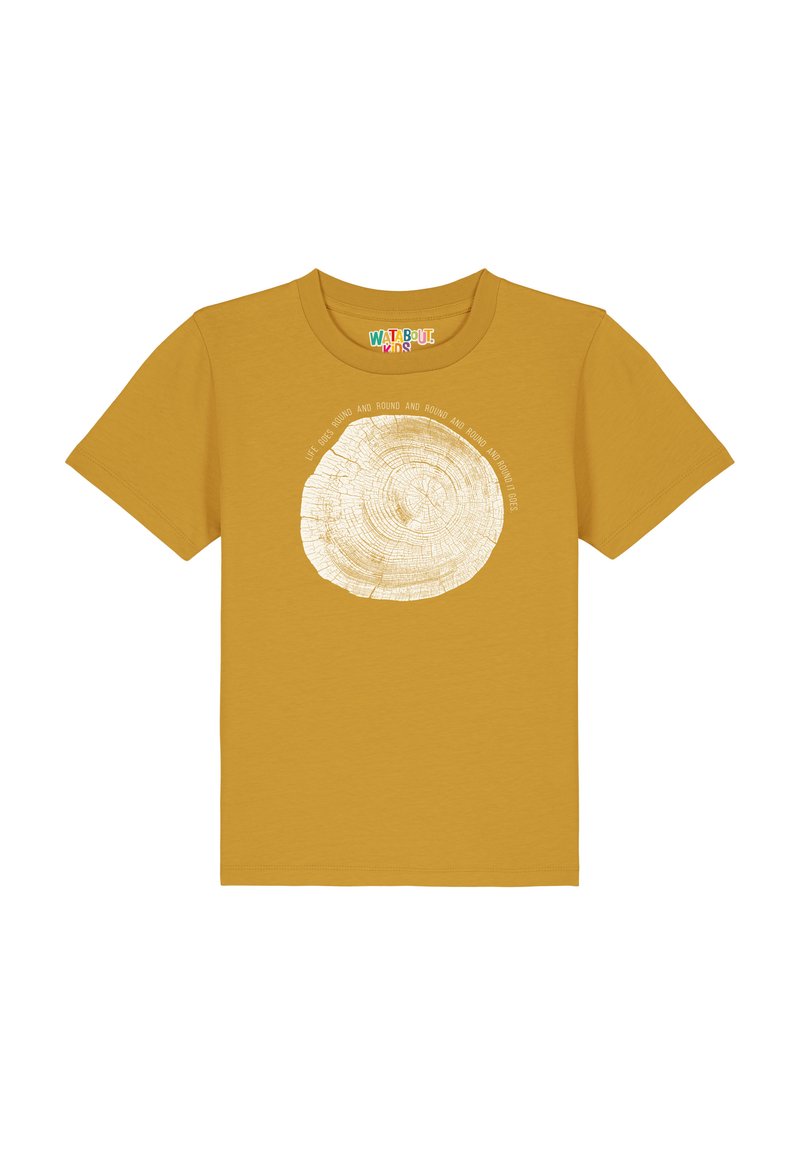 Gelbes Baumwoll-T-Shirt mit einem weißen Baumring-Grafik und Text. Kurze Ärmel, runder Ausschnitt, lässige Passform, glatte Textur.