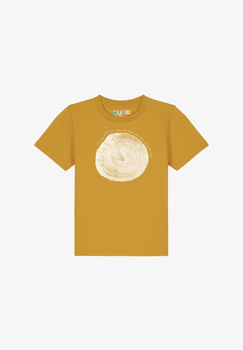 Gelbes Baumwoll-T-Shirt mit einem weißen Baumring-Grafik und Text. Kurze Ärmel, runder Ausschnitt, lässige Passform, glatte Textur.