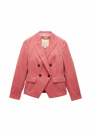 Sacou dublu din catifea roz pentru femei, cu rever în formă de acoladă și două buzunare frontale cu clapetă, expus plan pe fundal alb.
